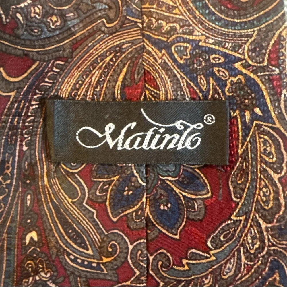 Matinle 100% Silk Paisley Tie Burgundy Navy Gold Hand Made 57”L x 4”W